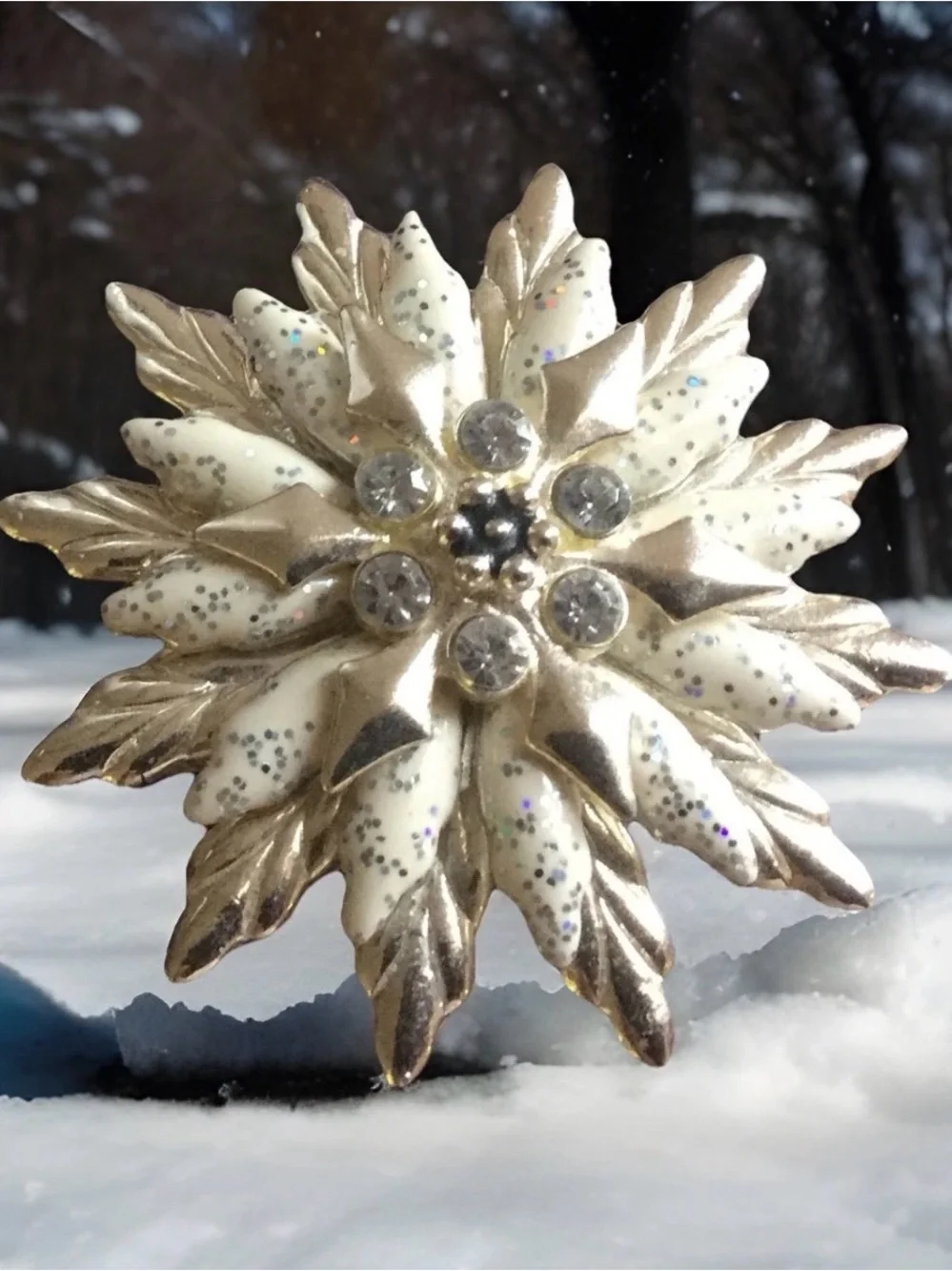 Vintage Silver and White Snowflake Brooch with Crystal Centers